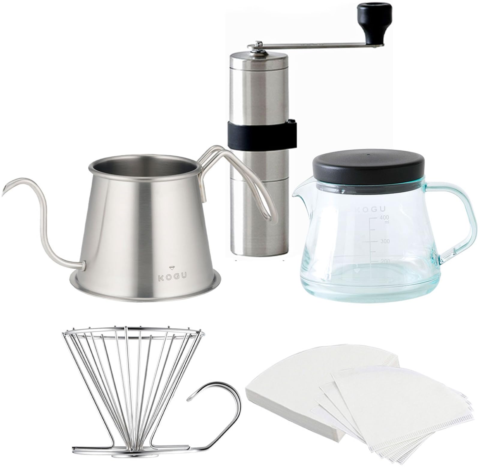 

KOGU Coffee Gift Set (5-Piece Set) [Made in Japan] Includes a Coffee Pot with Direct Pour, a Dripper, a Manual Coffee Grinder, a Break-Resistant