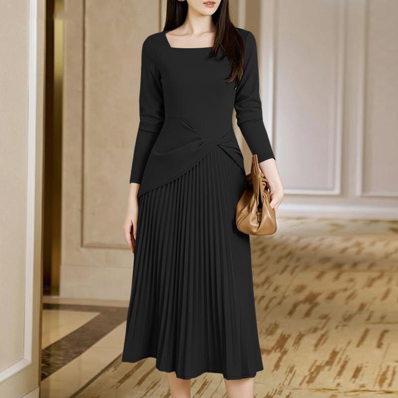 ZANZEA Women Elegant Square Collar Casual Long Sleeve Splice Pleated Dress S чёрный