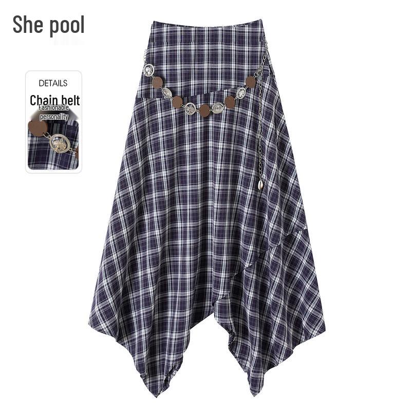Retro Irregular Plaid A-line Mid-length Skirt XL