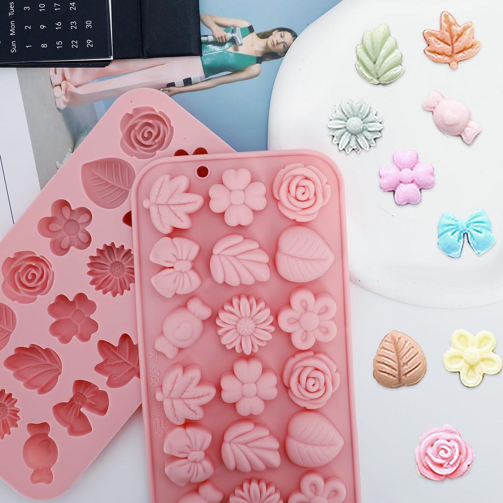 1-4PC 18-Cavity Flower Candy Silicone Mold Set Daisy Rose Leaf Bows Baking Mold For Cookies Chocolates Fondant Cake Flower Mold