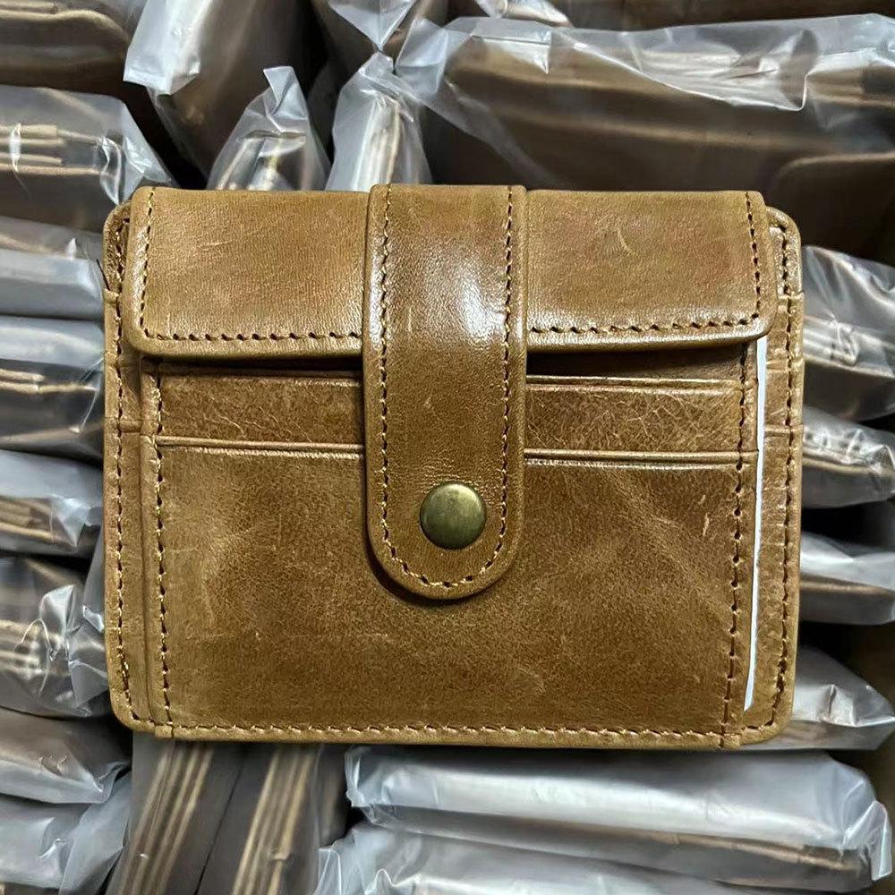 

Мужской винтажный кожаный кошелек, тонкий бифолд, держатель для карт с карманом для монет, ретро кошелек для карт E с застежкой-кнопкой коричневый