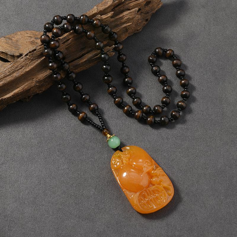 Wood Bead Beeswax Necklace No Matter Brand Pixiu Pendant Chicken Oil Yellow Amber Men's and Women's Long Sweater Chain Pendant