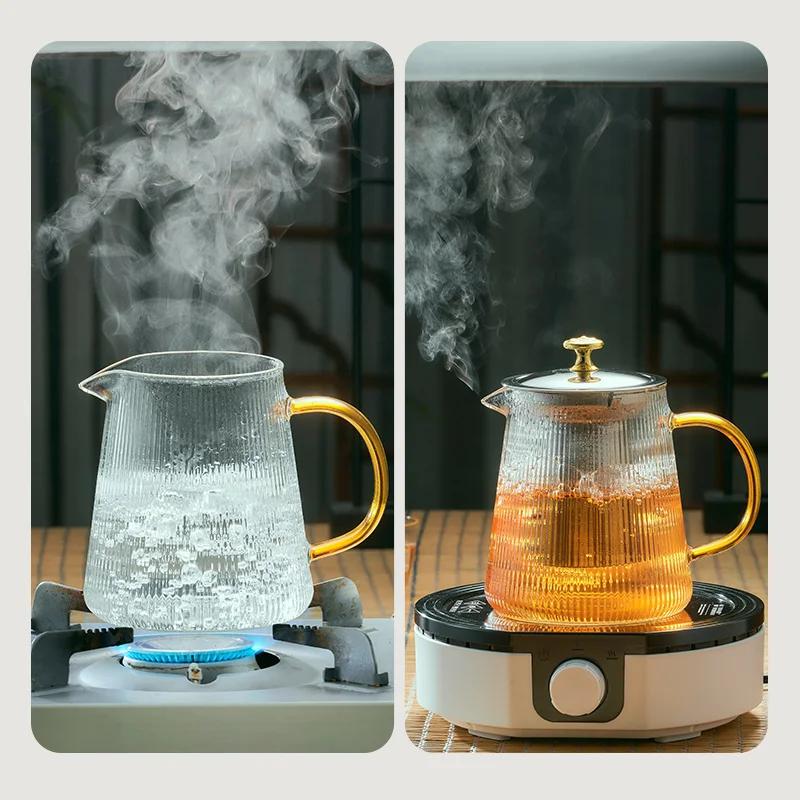 GIANXl Vertical Grain Teapot Transparent High Borosilicate Glass Tea Pot Set Heat Resistant Flower Tea Puer Tea Cold Kettle