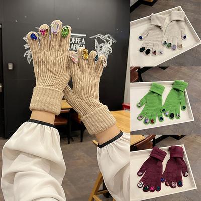 Women Winter Warm Knitted Full Finger Gloves Solid Wool Luxury Rhinestone Touch Screen Mittens Female