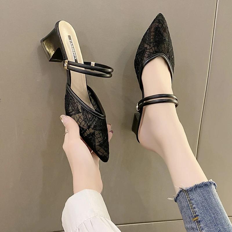Neue elegante sexy Spitze Platz Ferse Damen Sandalen Sommer Zwei-Wear Casual Spitzschuh Mode Mode Hausschuhe KEINE:A39