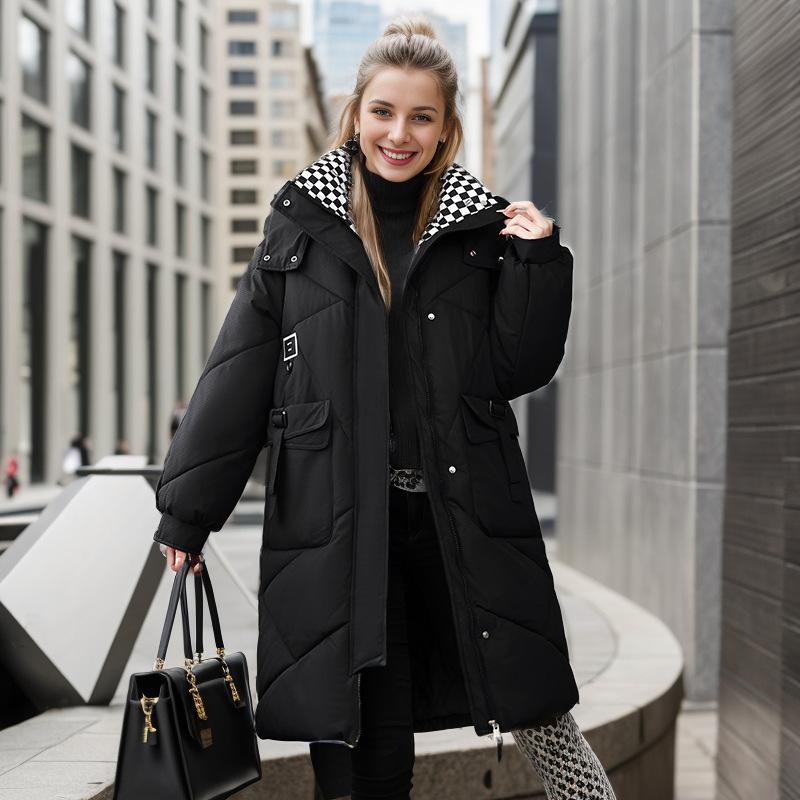 Damen Winterjacke 2026 Winter Damen Lange Jacke Kariert Revers 2 Taschen Verdicken Warme Baumwolljacke Damen Damenjacke