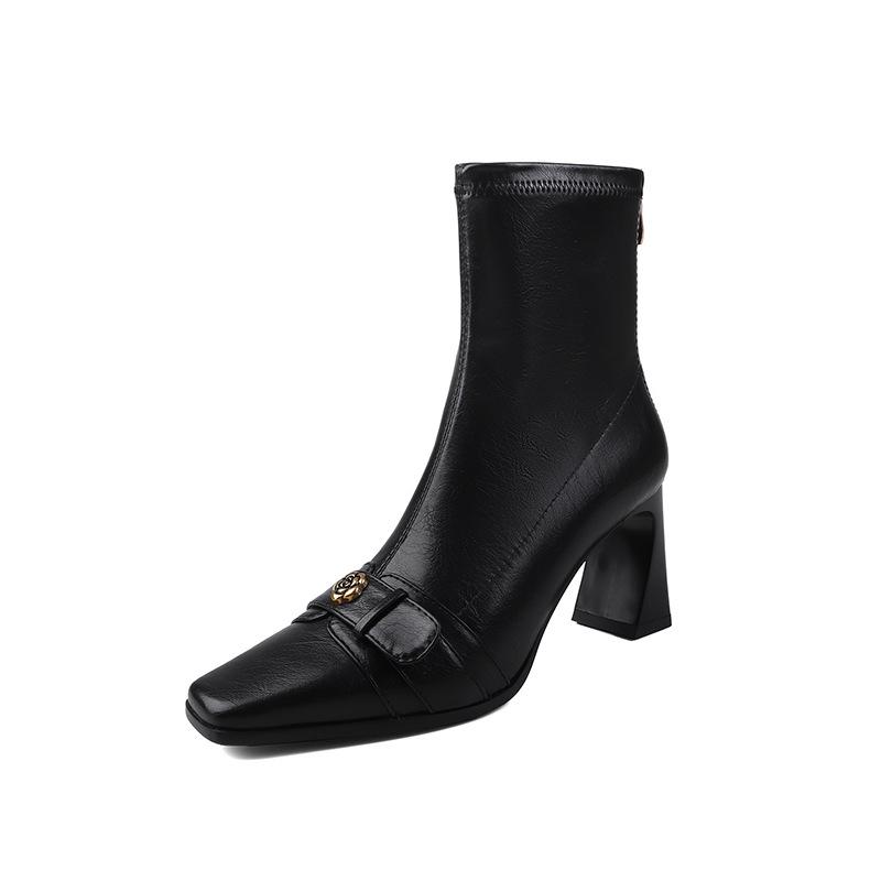 Klopf sanft klopf bequeme Kamelie quadratischer Kopf High Heel kurze Stiefel 2025 Herbst dünner Reißverschluss hinten Mode Stiefel Damen