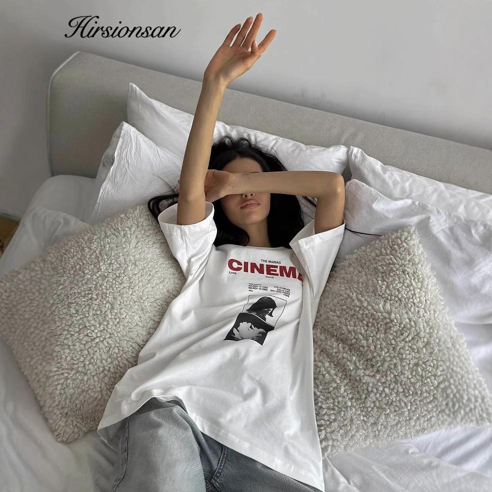 Hirsionsan Cinema Letter Printed T Shirt Women Summer Cotton