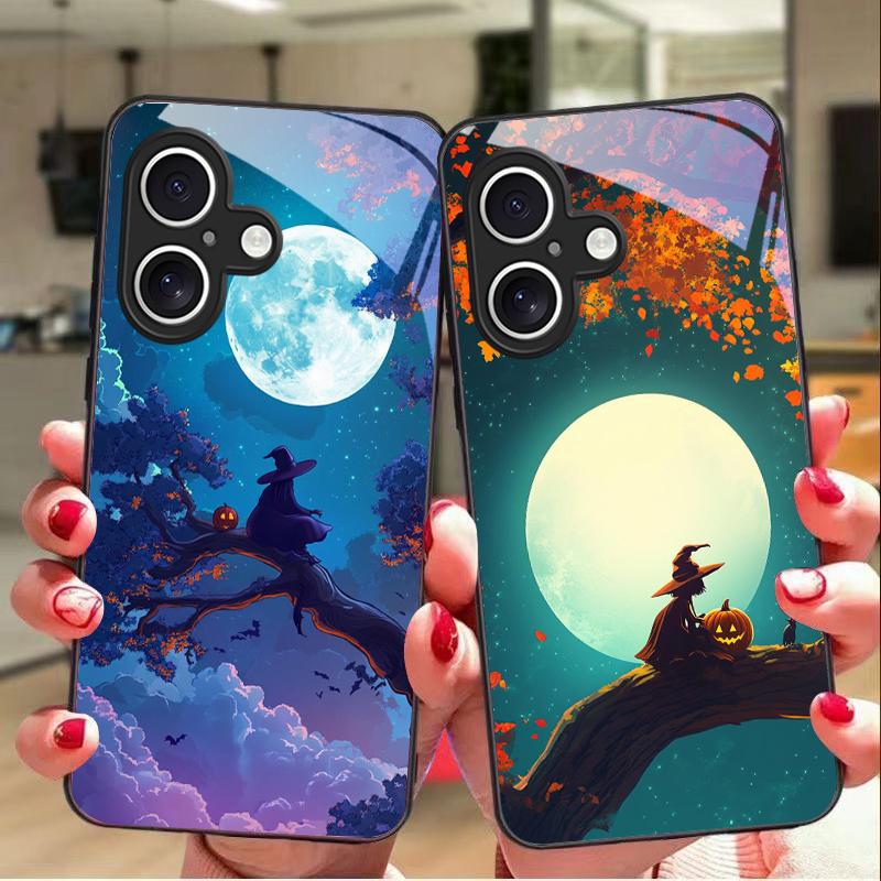 Witch Pumpkin Lantern For For iPhone 16E 15 14 13 Plus 12 Mini 11 Pro Max XR Xs X 7 8 6S 22 20 Black Tempered Glass Phone Case