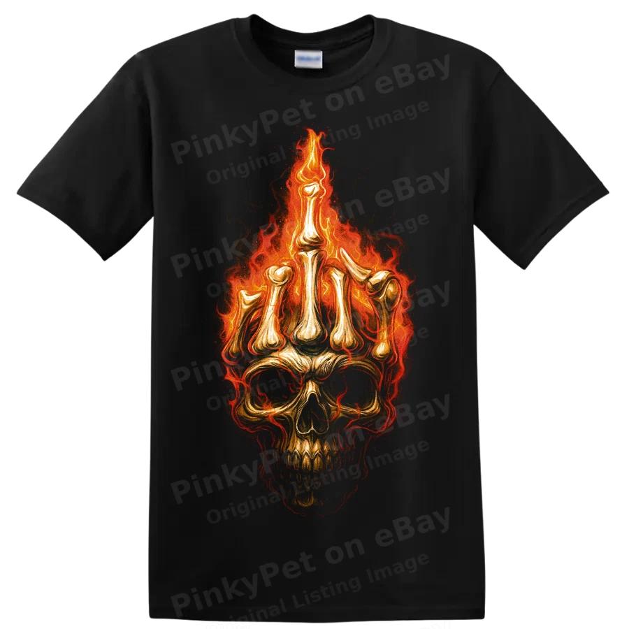 Flaming Skull T Shirt Gothic Fire Skeleton Horror Dark Art Inferno Graphic Tee