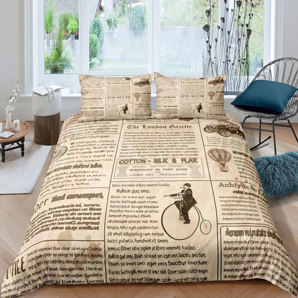 Old Newspaper Duvet Cover Set Vintage French Bedding Set Brown Quilt Cover For Kids Boys Girls Teens Polyester Comforter Cover