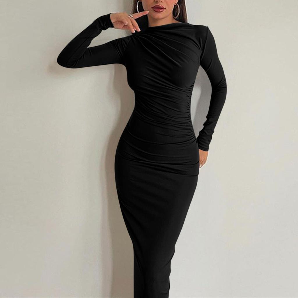 Women's Fall Long Sleeve Bodycon Maxi Dresses Sexy Ruched Neck Slim Fit Cocktail Party Dress