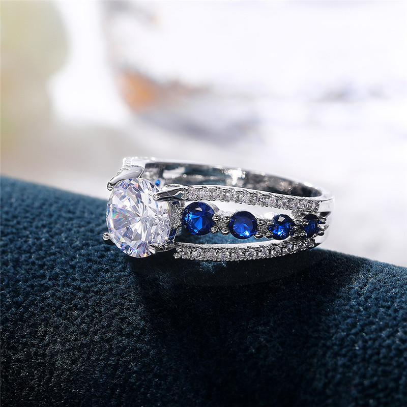 Huitan Special-interest Wedding Rings Women Blue/White Round CZ Novel Designed Female Party Ring Temperament Gift Trendy Jewelry