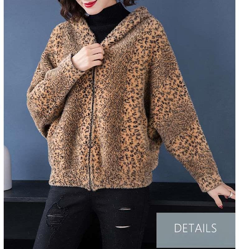Leopard Knit Artificial Ferret Velvet Jacket Autumn Winter Women's Bat Sleeves Thickened Warm Loose Zip Cardigan Sweater Short Knit Jacket