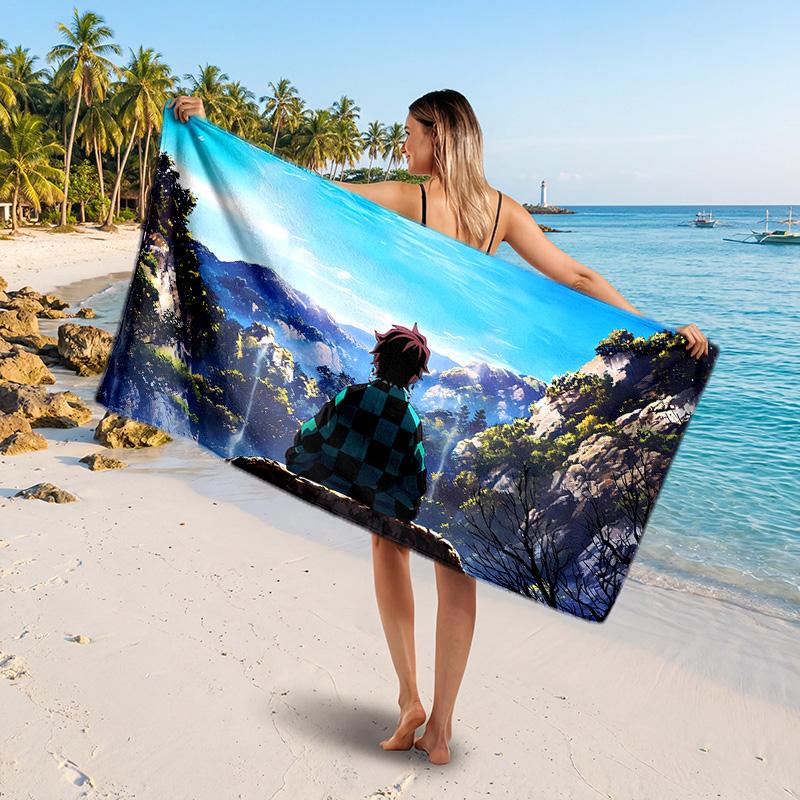 Kamado Tanjiro Printed Swim Towel, Portable Water Absorbent Towel for Beach Camping Daily Bathroom Use