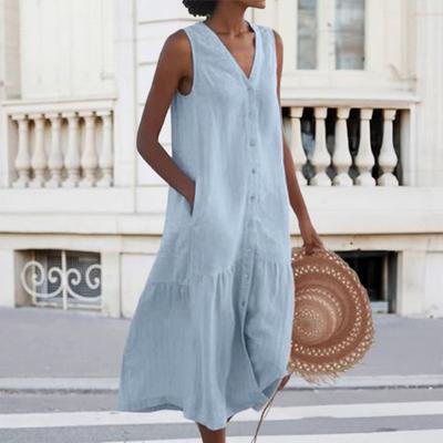 Damen Sommer Ärmelloses Kleid Knopfleiste V-Ausschnitt Maxikleid Sommer Locker A-Linie