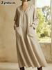 Spring New Loose Casual Solid Color V-Neck Pocket Long Sleeve Cotton Linen Dress