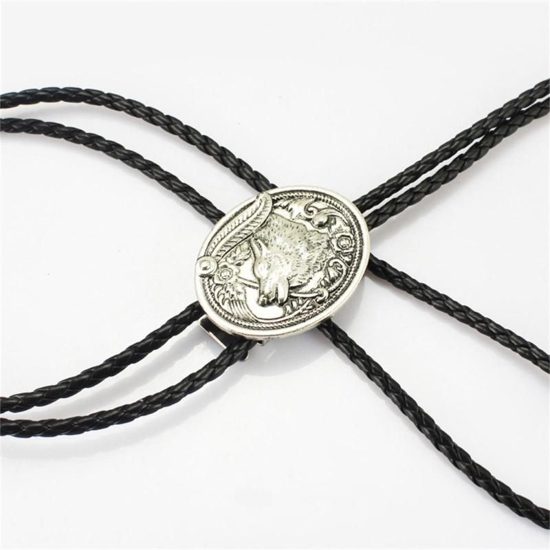 Cravată Bolo Vintage Cowboy Occidental Sfoară din Piele Împletită Handmade Colier Cravată Bolo Cap de Lup Metalic cu Pandantiv cu Pene