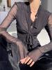 Long Flare Sleeve Blouses for Women Lace-up Mesh Sexy Sweet Hot Girls Korean Fashion Style All-match Solid Design Elegant Casual