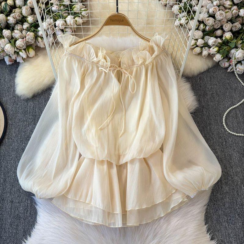 White Pure Desire Temperament off-Shoulder Bubble Long sleeve Sun Protection Chiffon Shirt Women Summer Beautiful Frill Lace-up Top