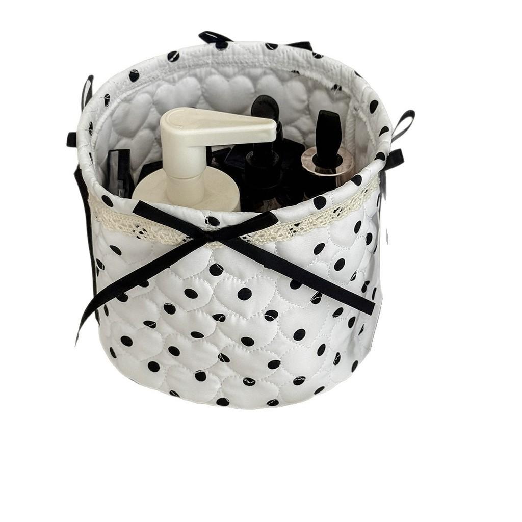 Stylish Nylon Dot Pattern Storage Bin With Ribbon For Makeup And Toy Organization
