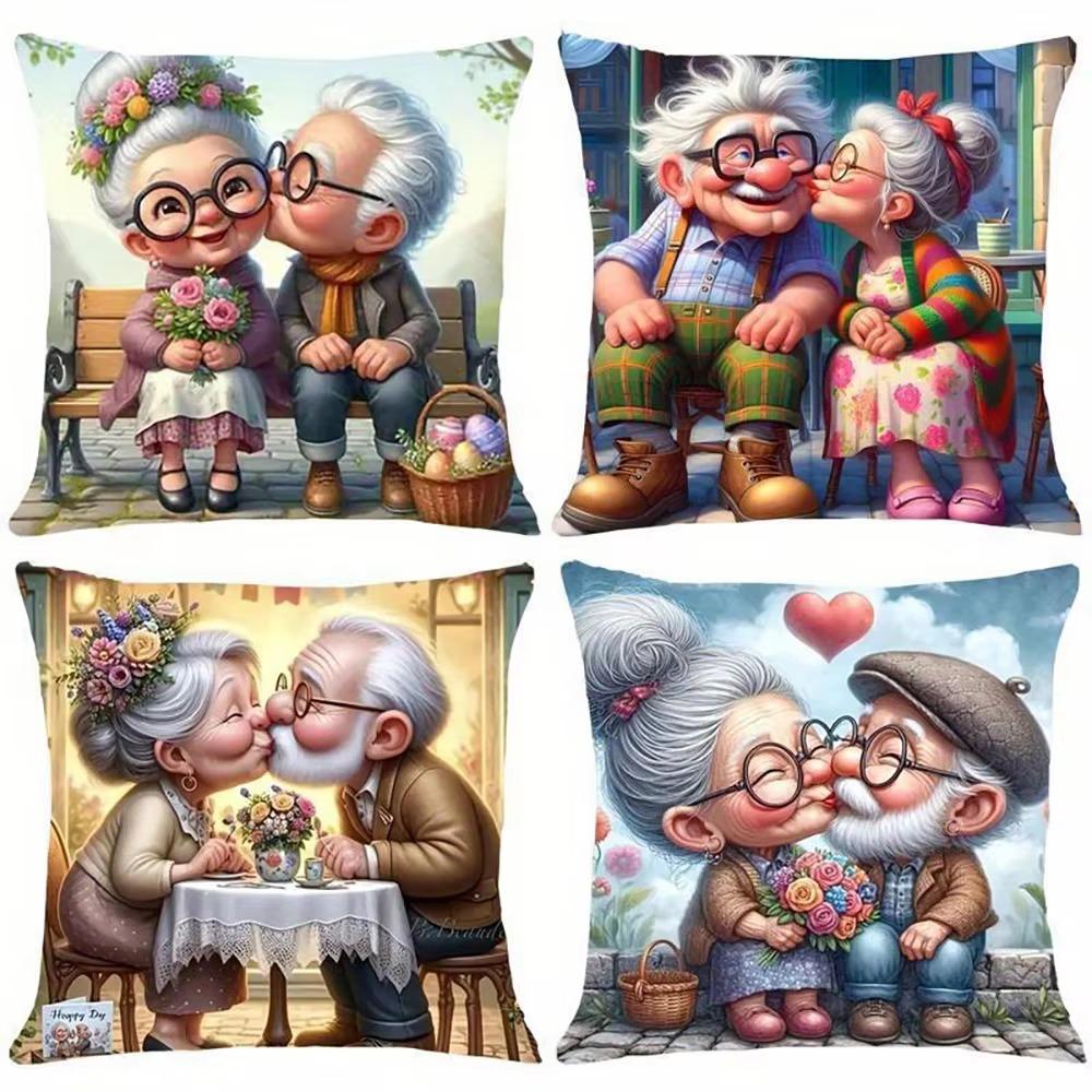 Elderly Couple Warmth Love Pillow Cover, Double Sided Soft Polyester 2D Flat Print Cushion for Sofa Bedroom Home Room Decoration