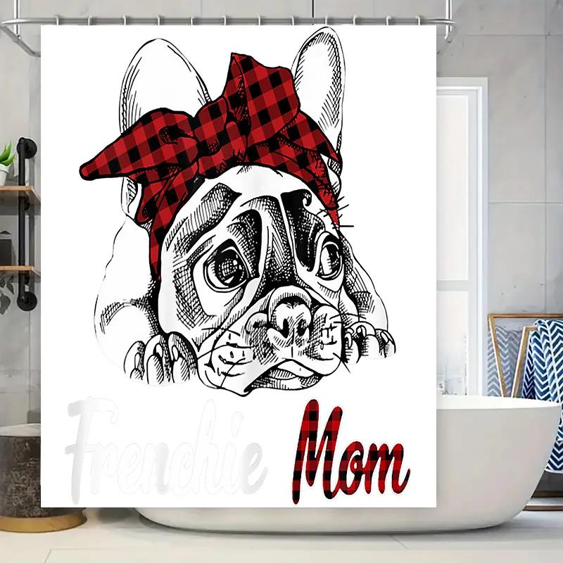 

Adorable French Bulldog Mom Shower Curtain Red Plaid Headband Pet Art Decoration For Bathroom W60H190(CM)-1 Pcs