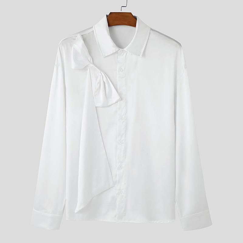 

INCERUN Мужские рубашки с длинным рукавом и бантом, повседневные топы с пуговицами на лацканах S белый