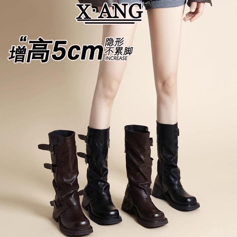 Leather Coarse Heel Knight Boots Women's Belt Buckle Pleated Pile Boots Autumn New Western Cowboy Boots Medium Boots