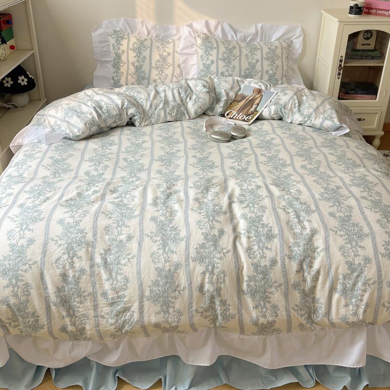 Korean Style Princess Floral Washed Cotton Bedding Set Vintage French Pastoral Flowers Lace Ruffles  Duvet Cover Set Pillowcase