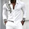 Men's High-quality Personalized Geometric Printed Long Sleeved Shirt with White Collar Shirt, Trendy Casual Men's Clothing