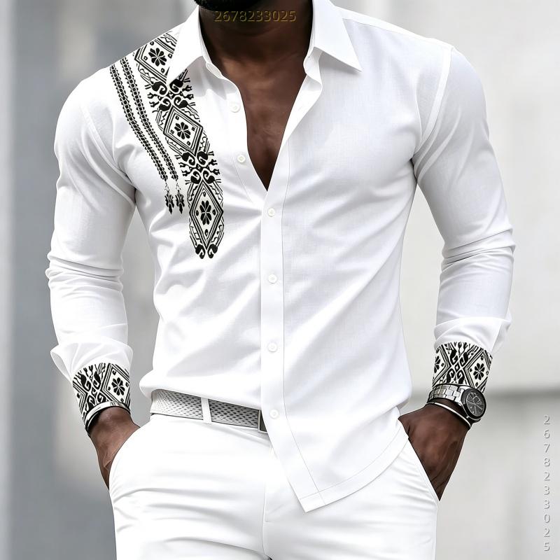 Men's High-quality Personalized Geometric Printed Long Sleeved Shirt with White Collar Shirt, Trendy Casual Men's Clothing