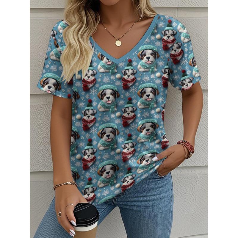 

Women s T-shirt Cartoon Dog Print Summer V Neck Short Sleeve Outdoor Casual T Shirts Female Oversized Clothing L