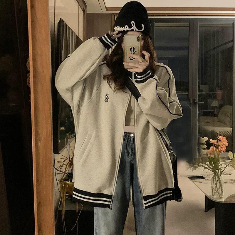 Women's Spring/Autumn Baseball-Style Stand-up Collar Jacket - Casual, Loose College Style Cardigan for Couples.