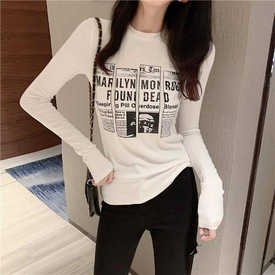 2023 Women's Autumn Korean Style Long-Sleeve Knit T-Shirt with Padded Shoulders, Slim Fit