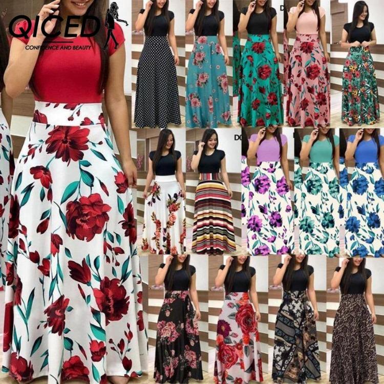 Women Summer Floral Print Bohemian Dress Big Swing Long Patchwork Short Sleeve O Neck Dress