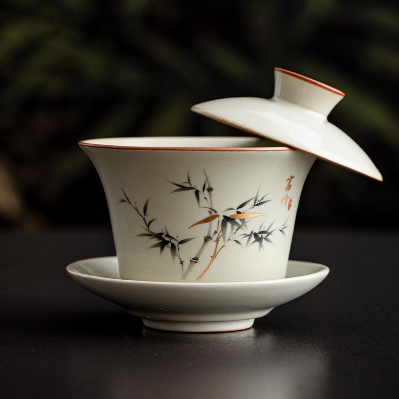 Hovering Lid Bowl Non-Scalding Handheld Chinese Retro Ceramic Ru Kiln Tea Bowl High-End Household Kung Fu Tea Set