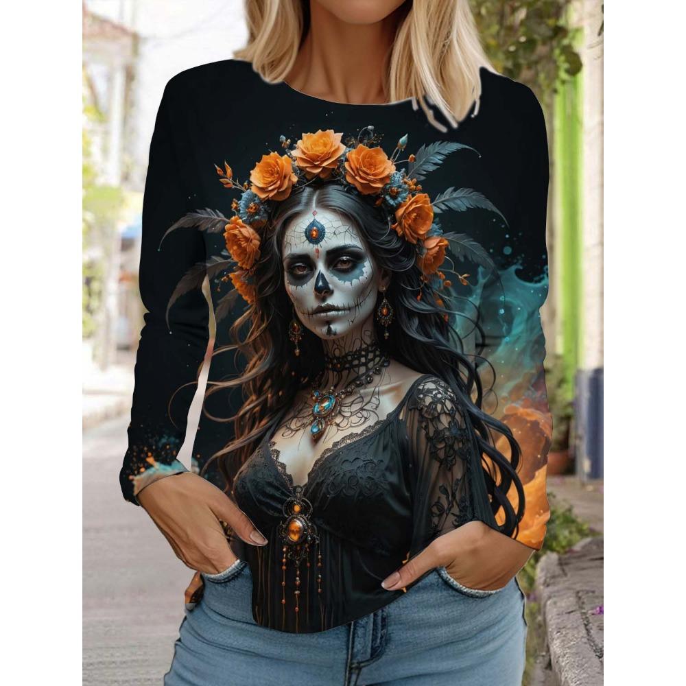 Spring Sugar Skull Pattern Womens Long Sleeve T-Shirt Day of the Dead Pullover Fashion 3D Printed Tops Gothic Style Women's Clothing