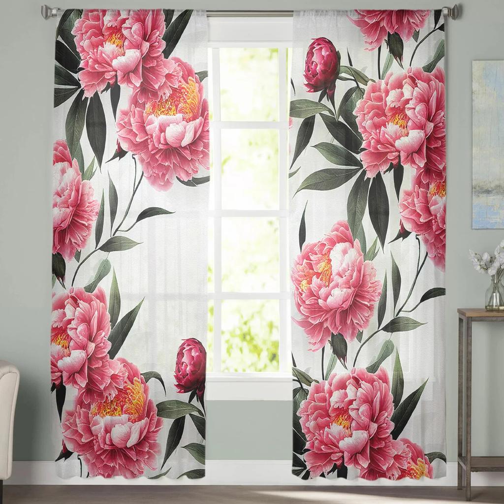 Peony Flower Chinese Ink Painting Bedroom Transparent Sheer Curtains Holiday Decoration Window Voile Tulle Curtain