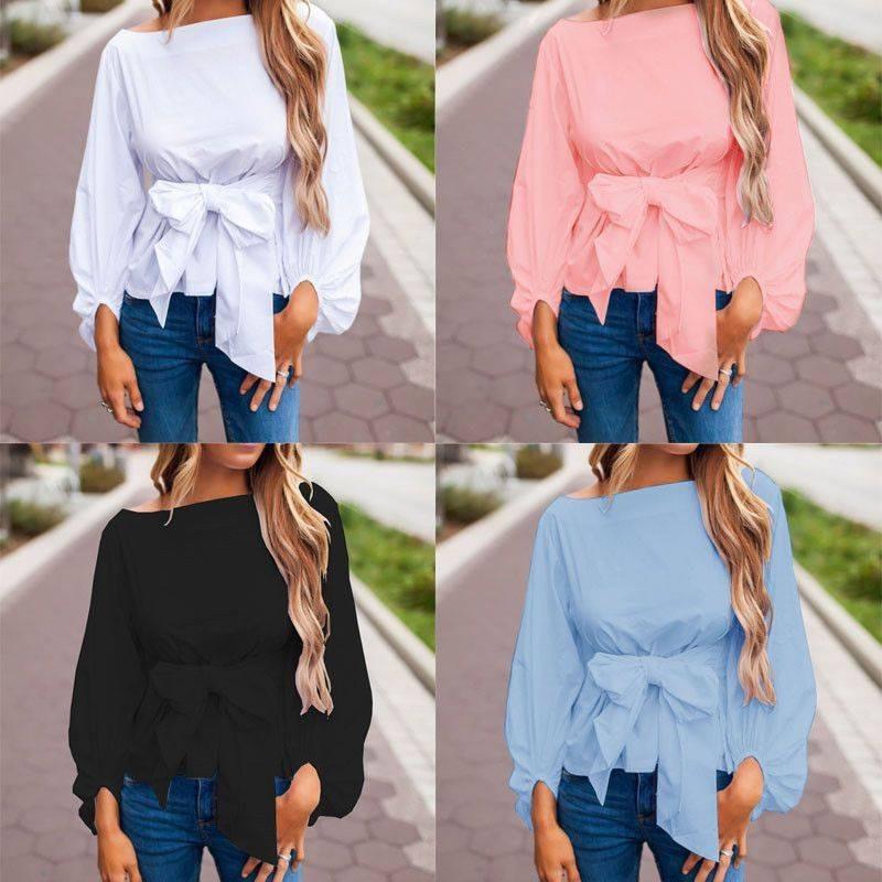 Trendy Loose-fit Chiffon Lantern Sleeve Top With Bowknot For Women Spring