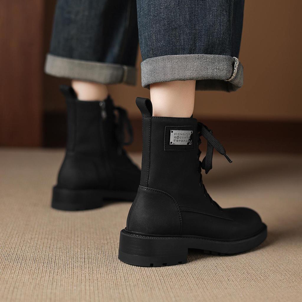 Krazing Pot Genuine Leather Winter Round Toe Western Boots Med Heels Women Cross-tied Lace Up Women Ankle Boots