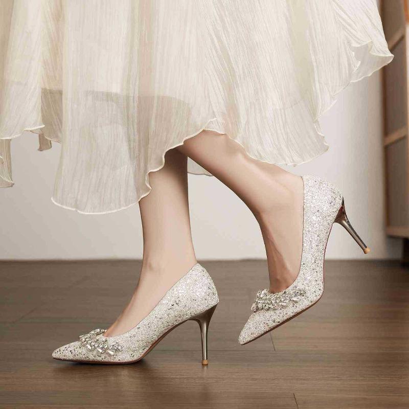 Sequined pearl applique stiletto high heels wedding shoes banquet dress comfortable and high-end women's shoes