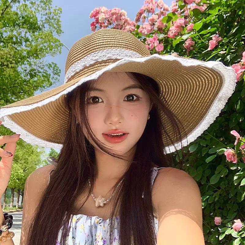 Lace Bow Big Brim Straw Hat Seaside Beach Sunscreen Hat Ladies Pretty Sun Hat