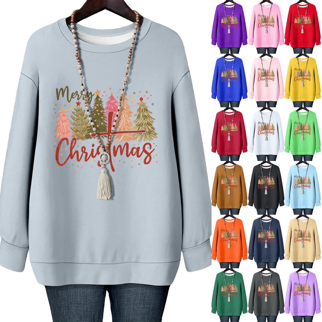 Ladies' Christmas Printed Round Neck Long Sleeved T-shirt Sweatshirt Top