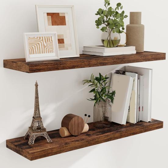 2Pcs/Set Wooden Floating Shelves Wall Mounted Storage Display Shelves Rustic Floating Wall Shelves for Bathroom Bedroom Living Room Kitchen Decor