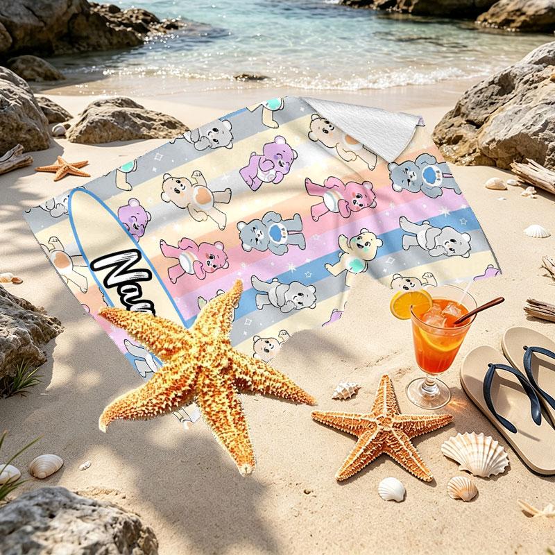 Custom Name Personalized Care Bears Print Beach Towel, for Trip Camping Beach Party Home Decor, Birthday Gift for Family & Friends