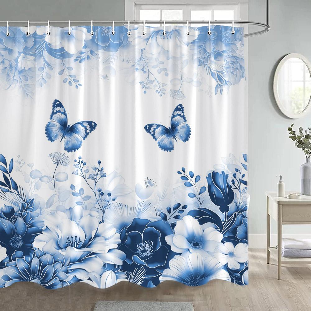 Blue Butterfly Floral Shower Curtains Watercolour Flowers Plant Bath Curtain Polyester Fabric Home Bathroom Bathtub Decoration