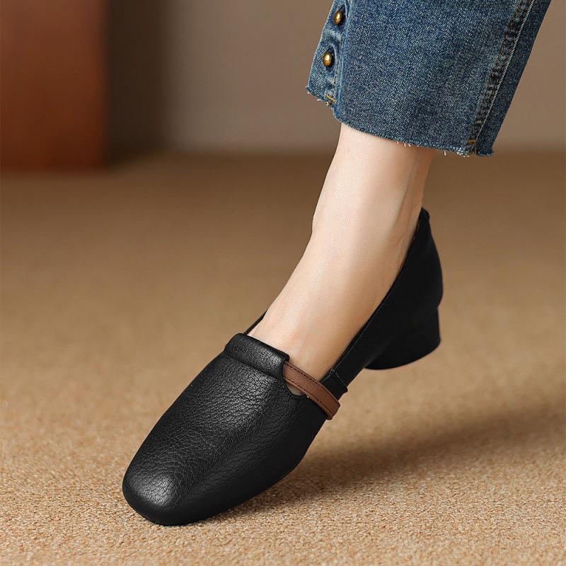 

Женские летние лоферы из белой овчины с квадратным носком, британские маленькие кожаные туфли на низком каблуке, одинарные туфли Doudou для бабушек, мягкая подошва 40 чёрный