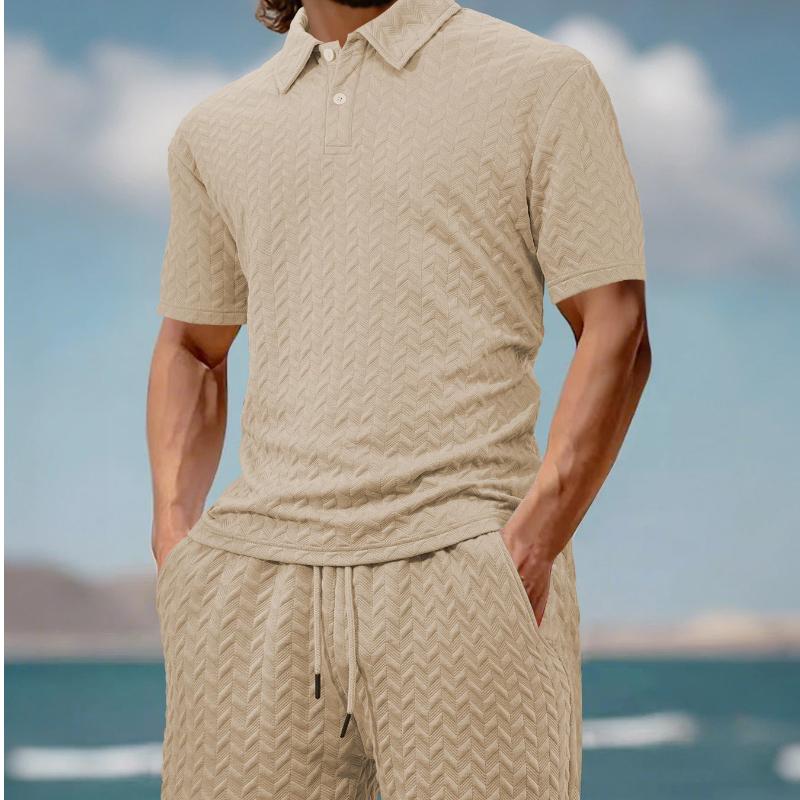 New Summer Men's Casual Loose Lapel Jacquard Short Sleeve Polo Shirt Two-Piece Suit