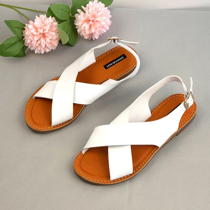 Fashion Women's Sandals Leather Ladies Shoes Summer Fashion Design Flat Bottom Cross Buckle Open Toe Large Size 37-41 Sapatos Femininos